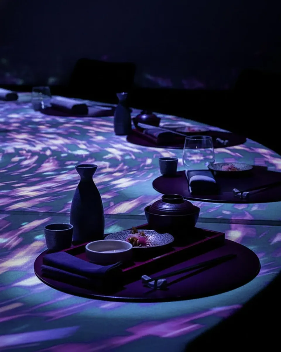 Japanese tableware lit by projected light at the speciality restaurant