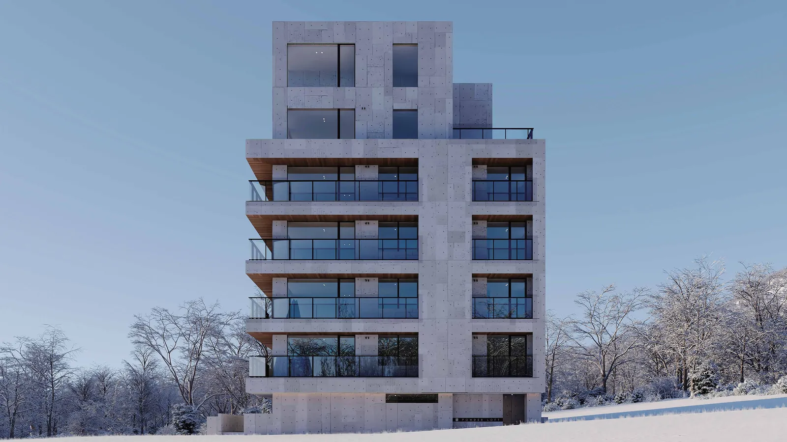 Powder Loft's seven-storey concrete facade under a winter sky