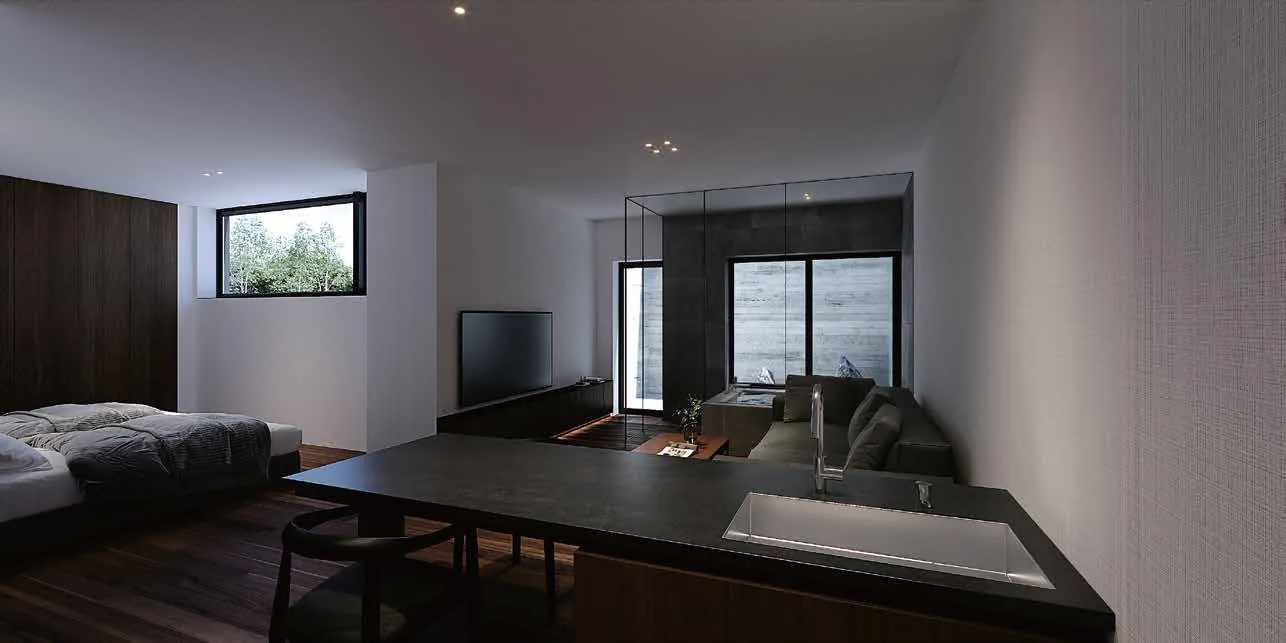 Garden residence open-plan kitchen and bedroom