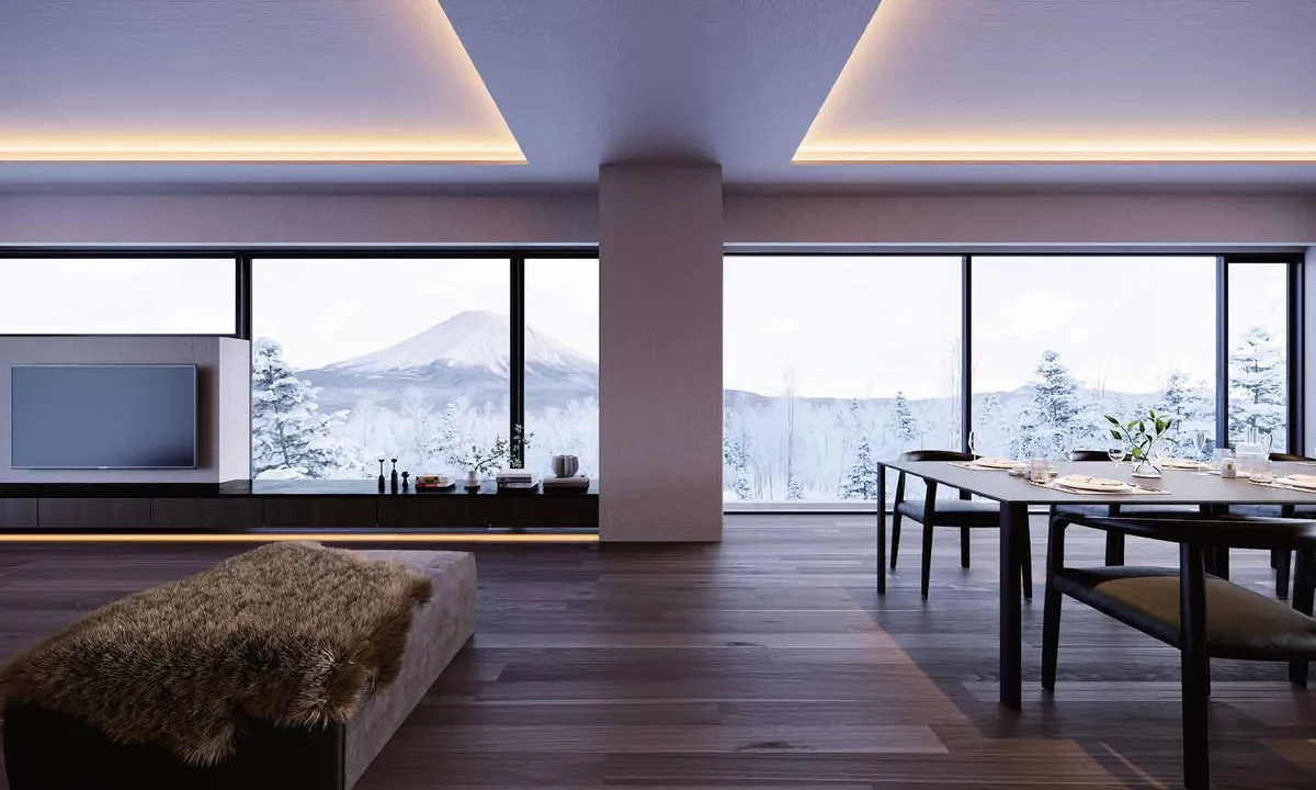 Penthouse living and dining room framing Mt. Yotei