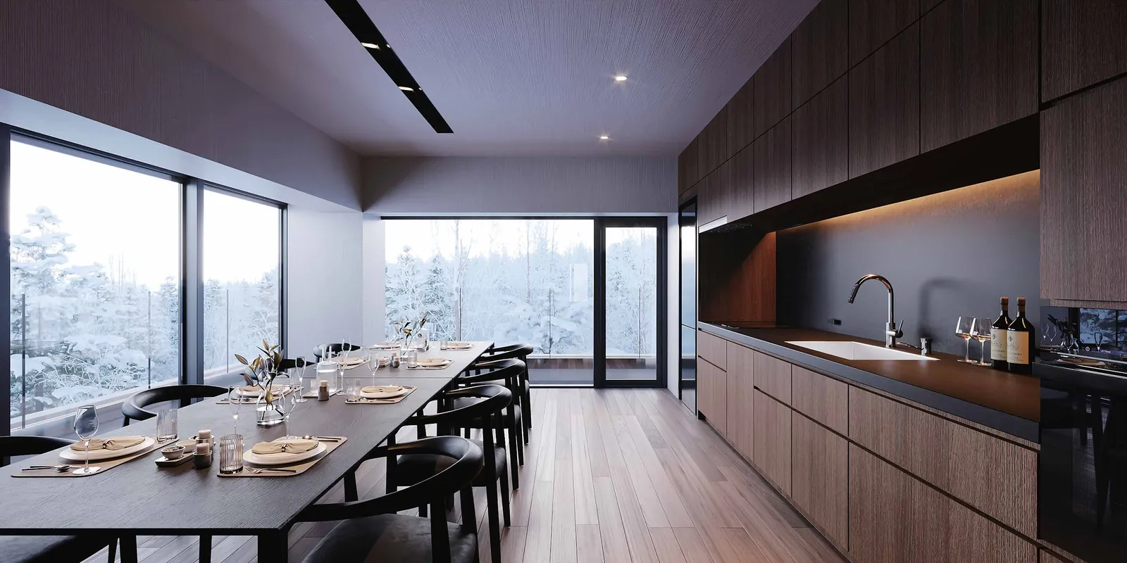 Kitchen and dining room of a Signature Residence with walnut cabinetry